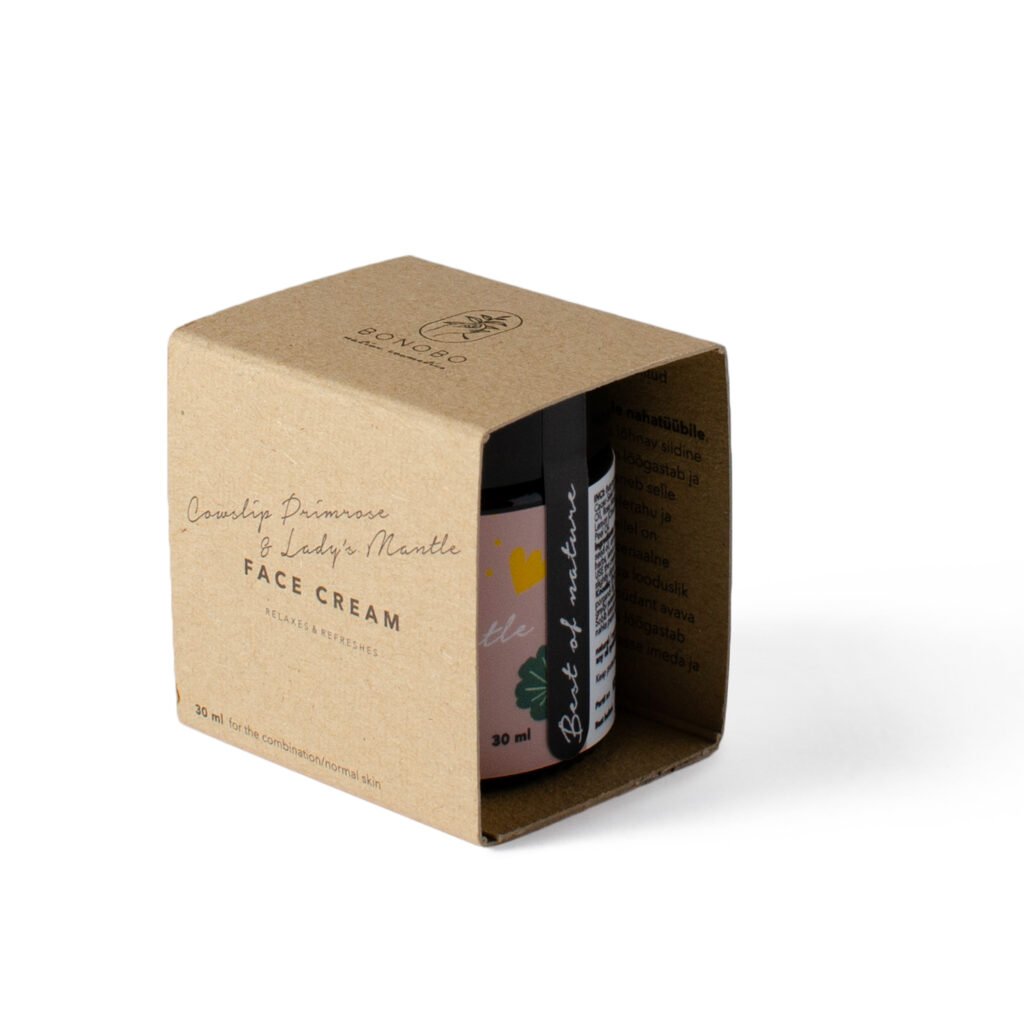 1. BONOBO Cowslip Primrose & Lady’s Mantle Face Cream in eco-friendly packaging, 30ml