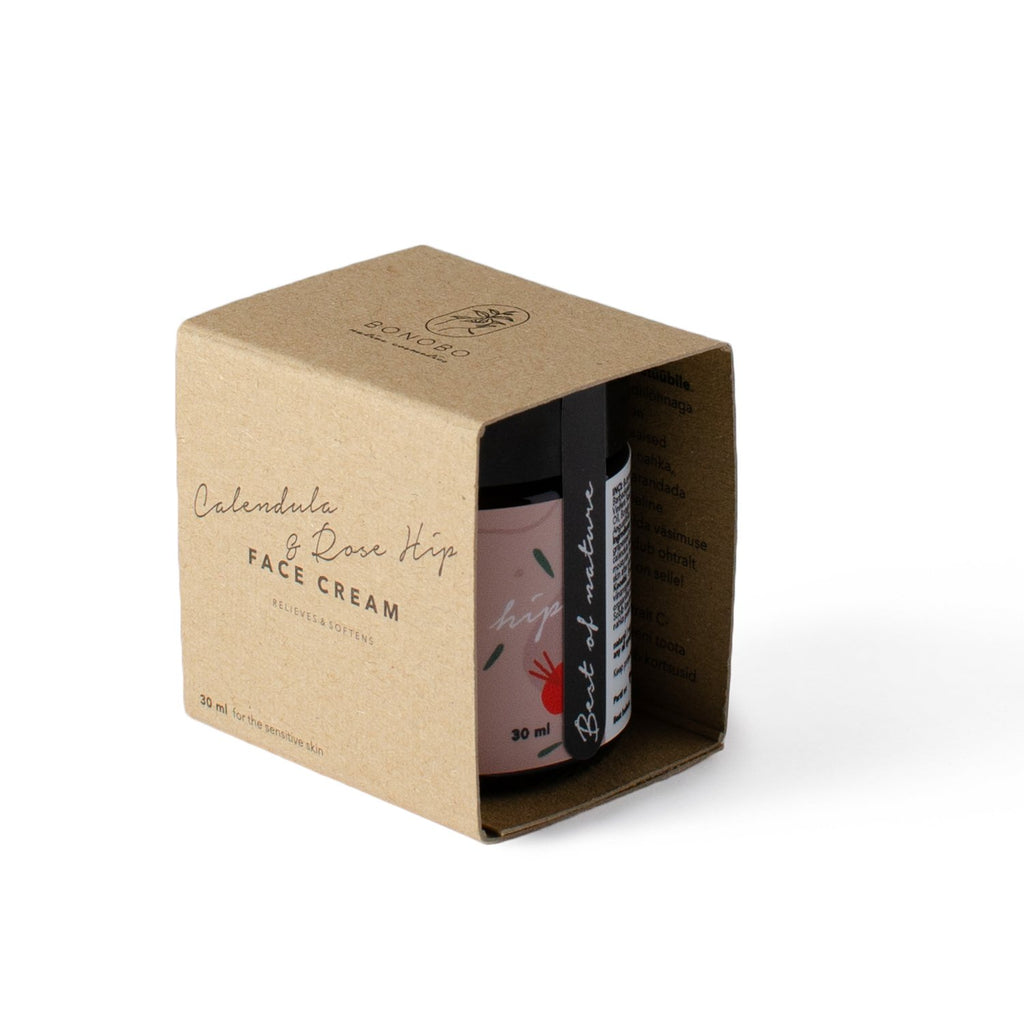 4. BONOBO Calendula & Rosehip Face Cream in eco-friendly cardboard packaging, emphasizing natural ingredients