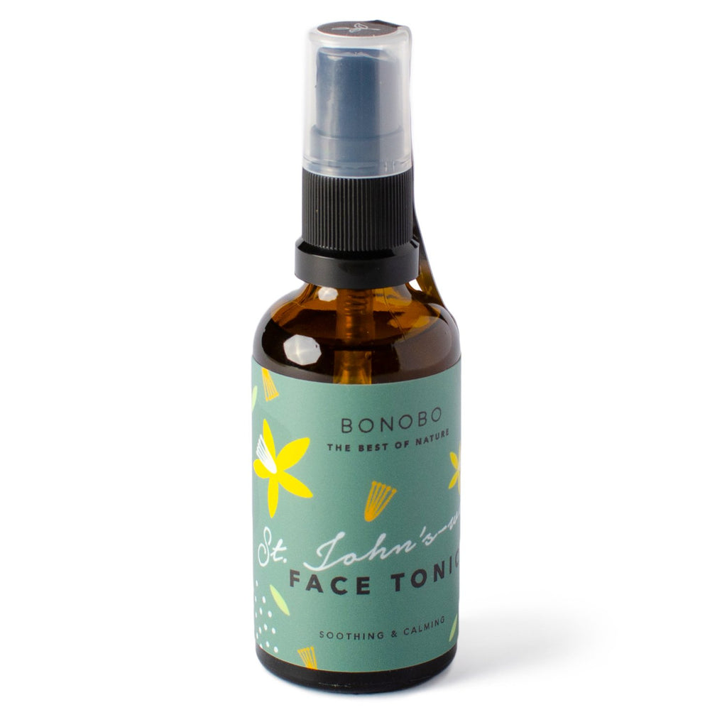 2. Studio shot of BONOBO St. John's-Wort Face Tonic bottle with soothing and calming label design