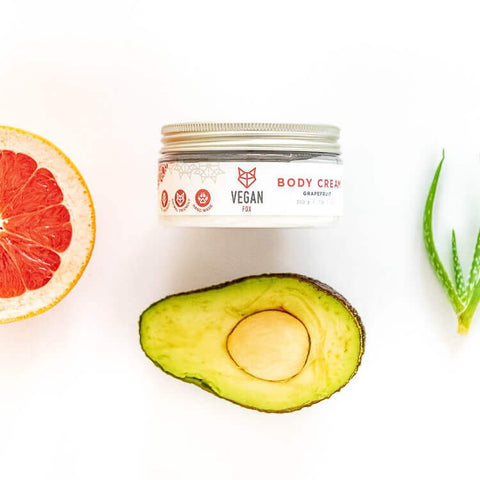 4. Vegan Fox Grapefruit Body Cream with grapefruit, avocado, and aloe vera on a white background