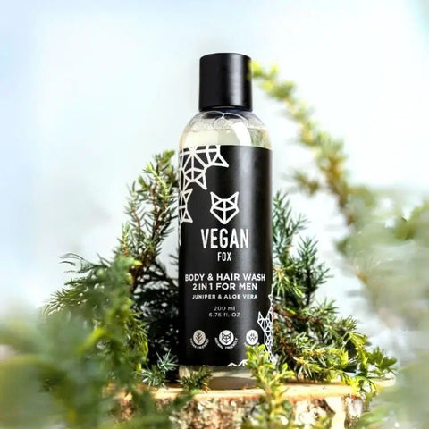 1. Vegan Fox Body & Hair Wash 2in1 for Men, 200ml, displayed in a natural setting with greenery, highlighting eco-friendly packaging