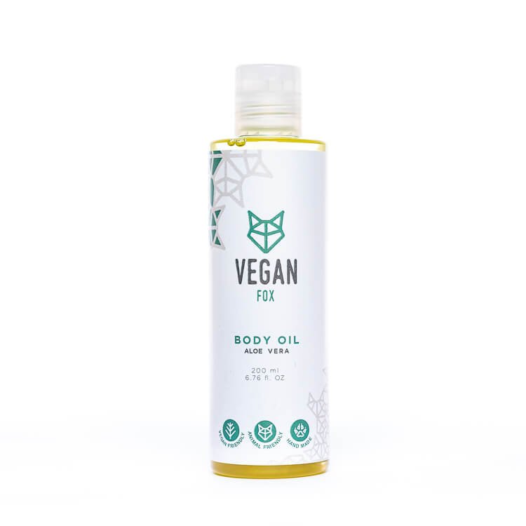 2. Vegan Fox Aloe Vera Body Oil bottle with green logo on white background