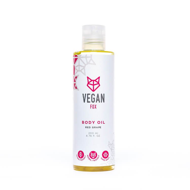 3. Studio shot of Vegan Fox Red Grape Body Oil, 200 ml, highlighting packaging design