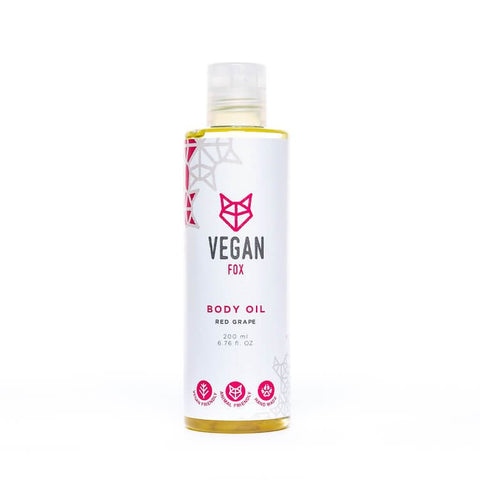 3. Studio shot of Vegan Fox Red Grape Body Oil, 200 ml, highlighting packaging design