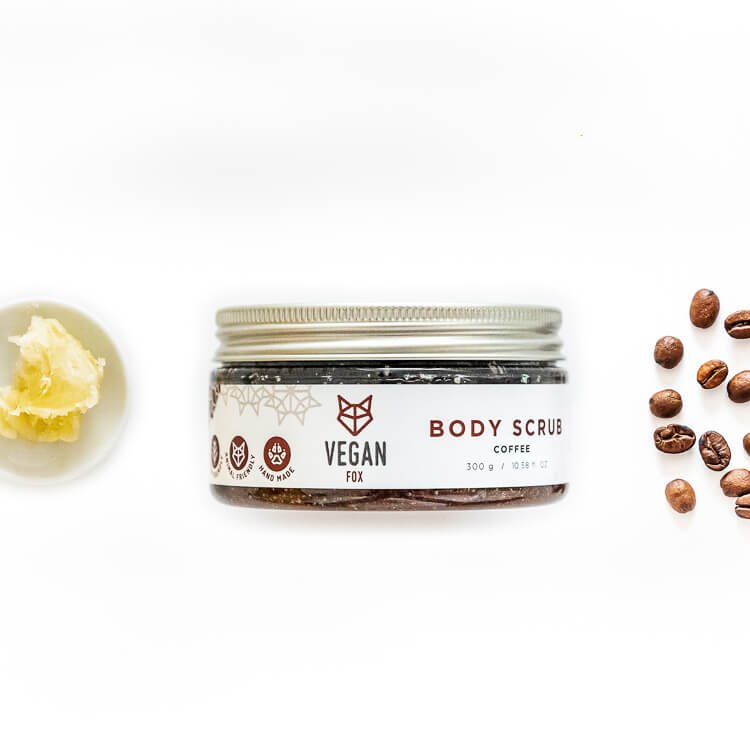 6. Vegan Fox Coffee Body Scrub jar with shea butter and coffee beans, showcasing packaging and ingredients