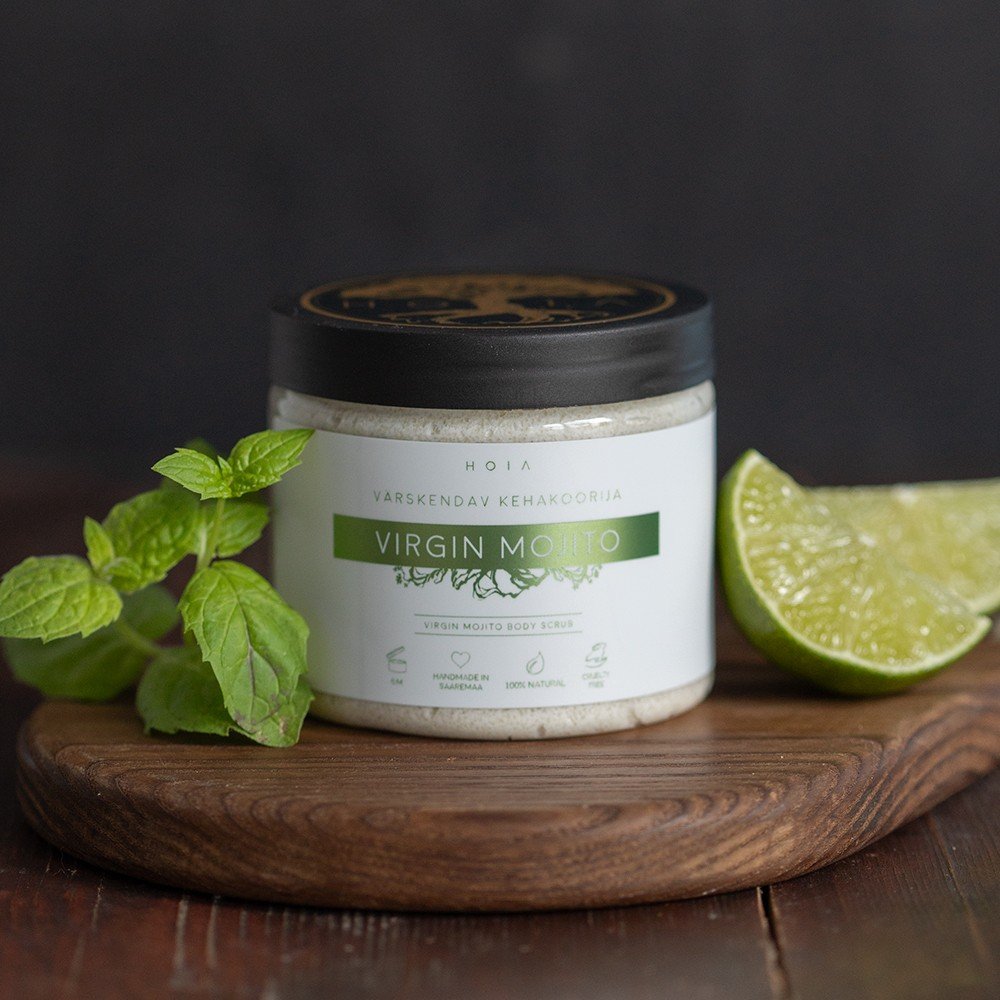 1. HOIA homespa Virgin Mojito Body Scrub jar with lime and mint leaves, showcasing natural ingredients and refreshing scent