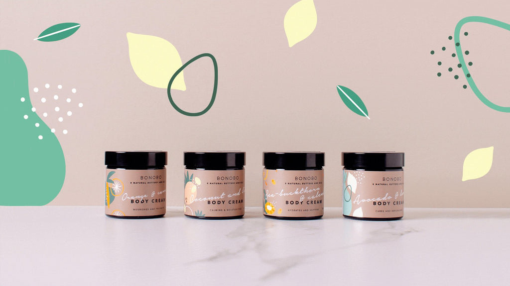 2. BONOBO body cream collection featuring Orange & Carrot, Avocado & Aloe, and other variants in a colorful setting