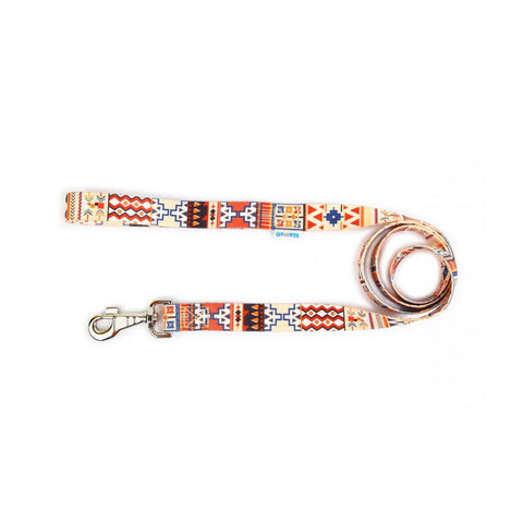 2. Boho style dog leash with colorful geometric patterns and metal carabiner on white background