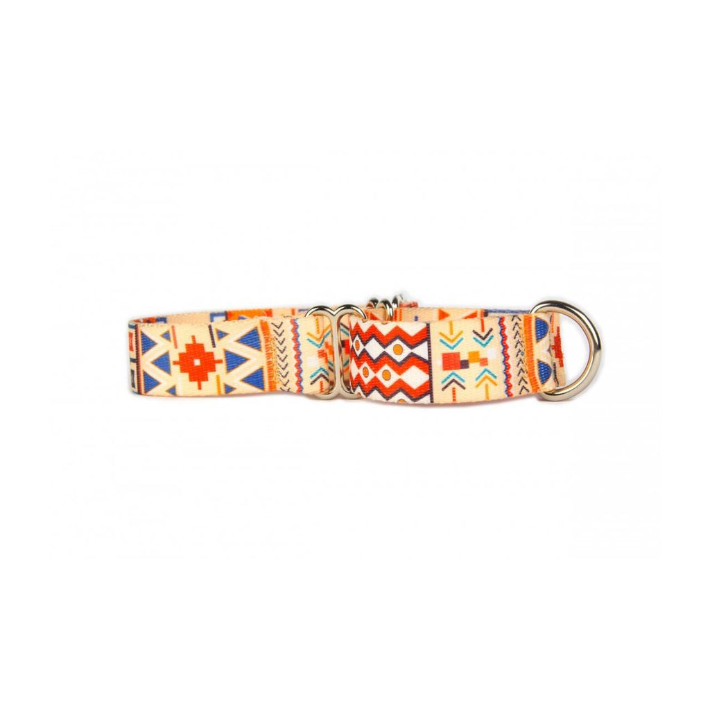 1. Studio shot of Matteo Boho Collection martingale dog collar with colorful geometric patterns on durable woven webbing