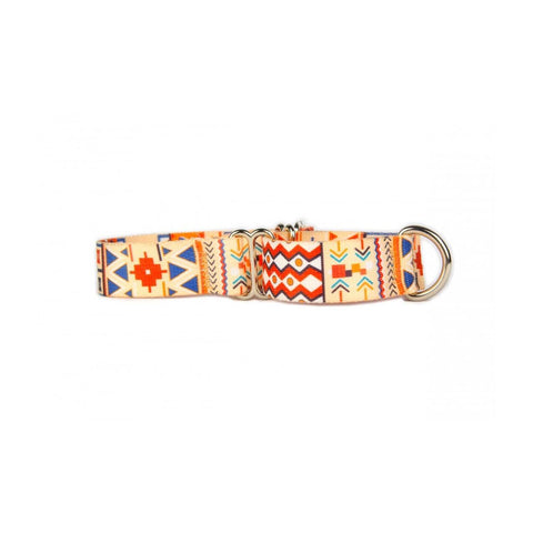1. Studio shot of Matteo Boho Collection martingale dog collar with colorful geometric patterns on durable woven webbing