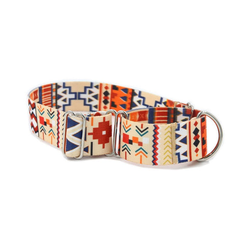 2. Side view of Matteo Boho Collection martingale dog collar featuring vibrant bohemian design and adjustable metal rings