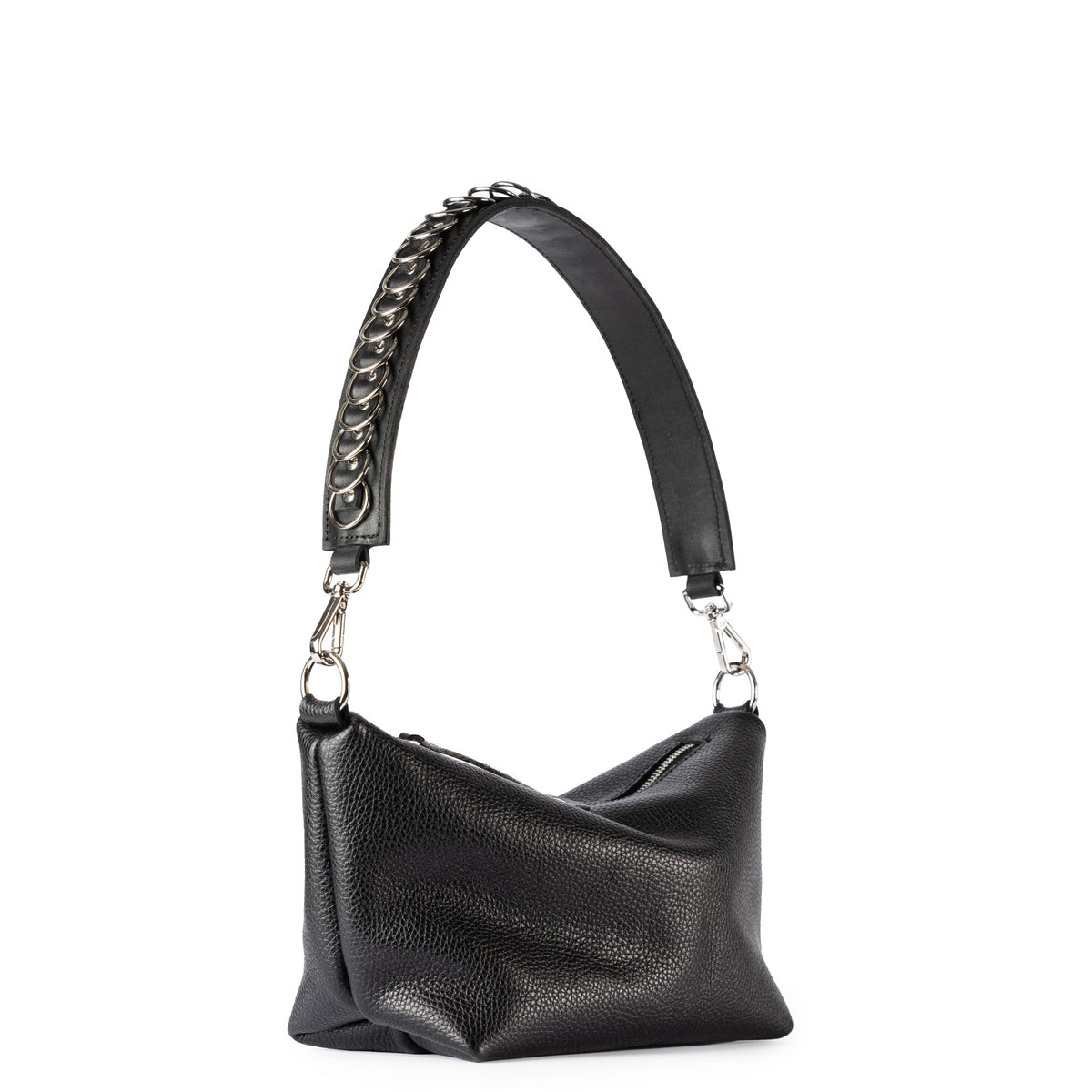 1. PYKOK Handbag Bona in black top grain leather with metal chain detail, shown in studio setting