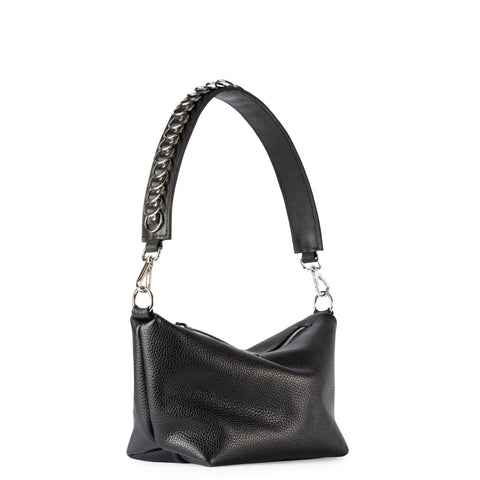 1. PYKOK Handbag Bona in black top grain leather with metal chain detail, shown in studio setting
