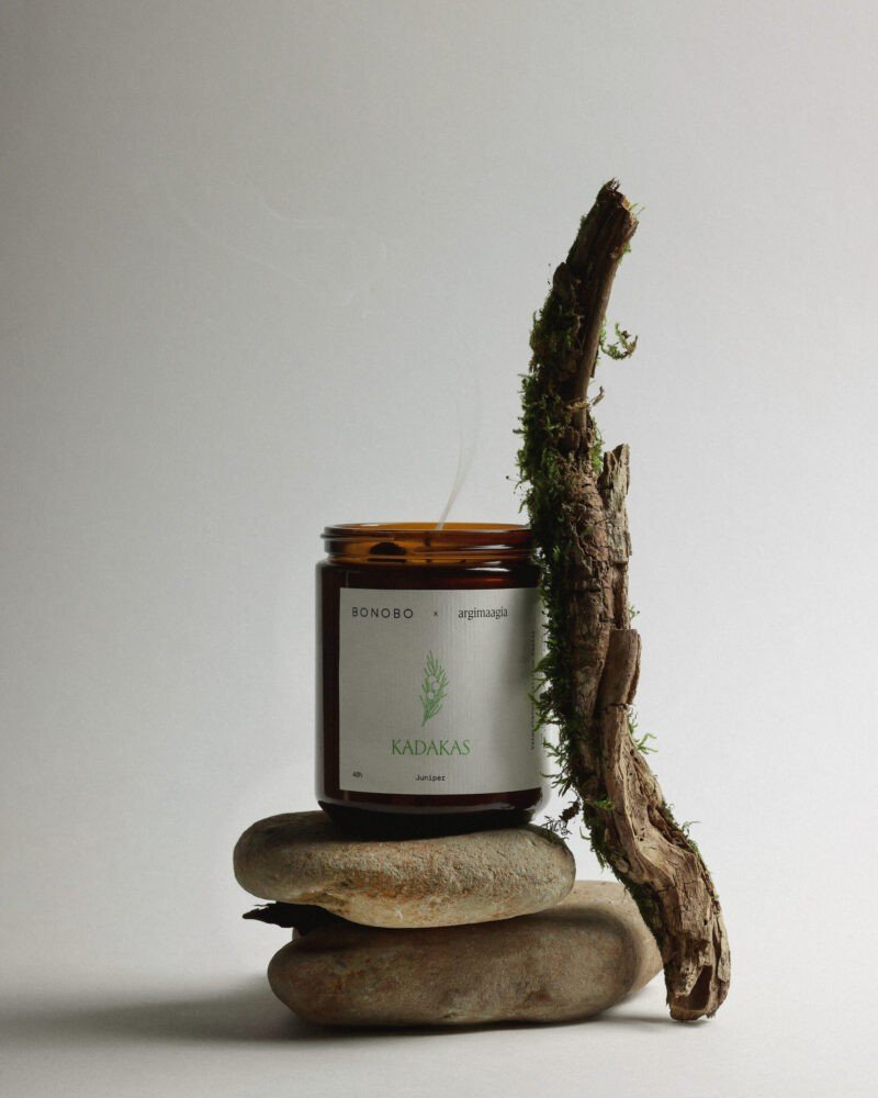1. Bonobo juniper scented candle in amber glass jar on stacked stones with moss-covered branch, studio setting