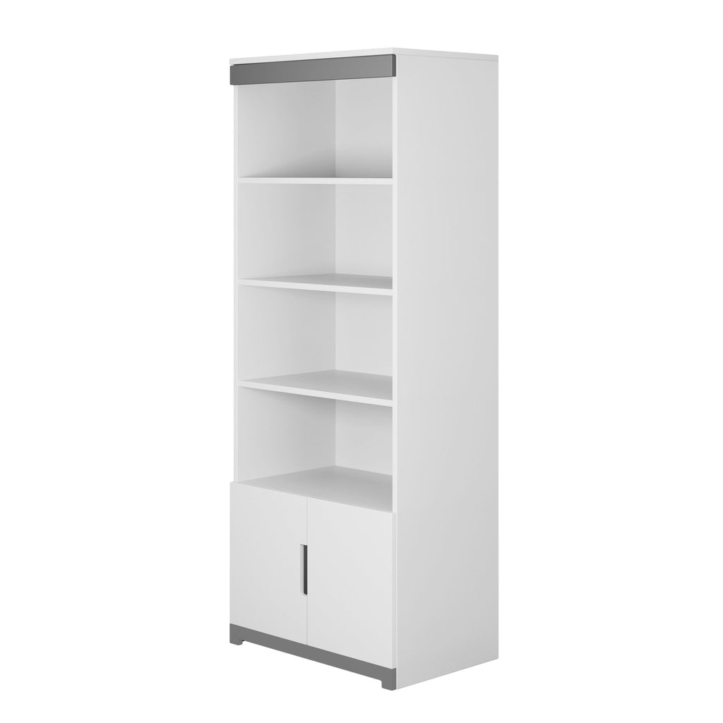 2. Angled view of white Tomi bookshelf with grey accents, featuring four open shelves and one closed shelf