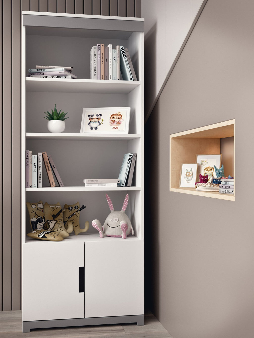 3. Close-up of white Tomi bookshelf with books, toys, and decorative items on shelves