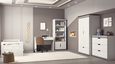 1. Children's room with white Tomi bookshelf, desk, and wardrobe, styled with toys and books, creating a cozy study area