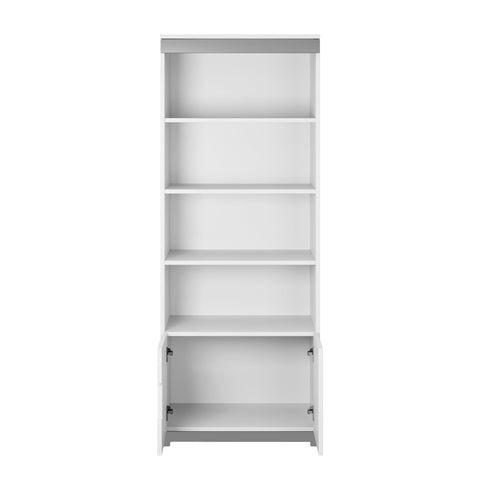 2. White bookshelf with grey accents featuring four open shelves and one closed shelf with doors, shown in a studio setting