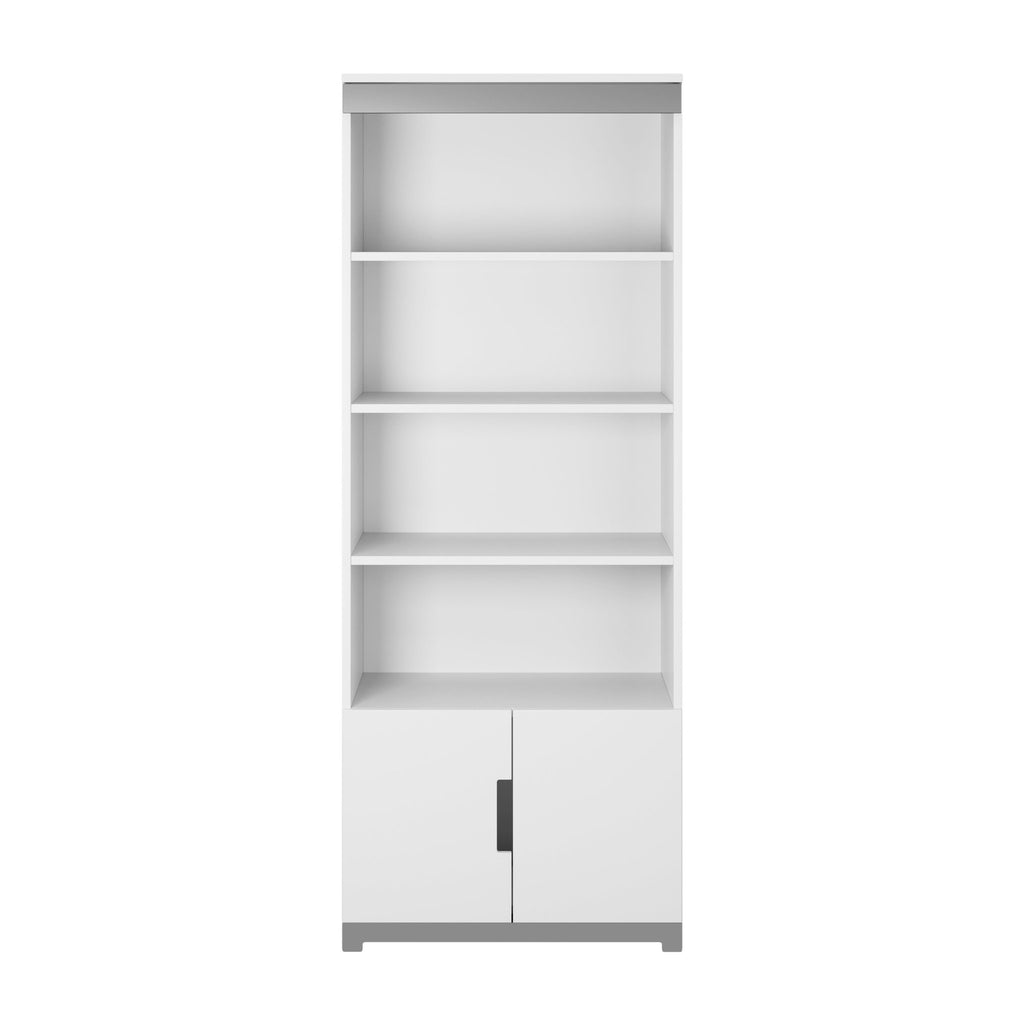 2. Front view of white Tomi bookshelf with grey accents, featuring four open shelves and one closed shelf with doors