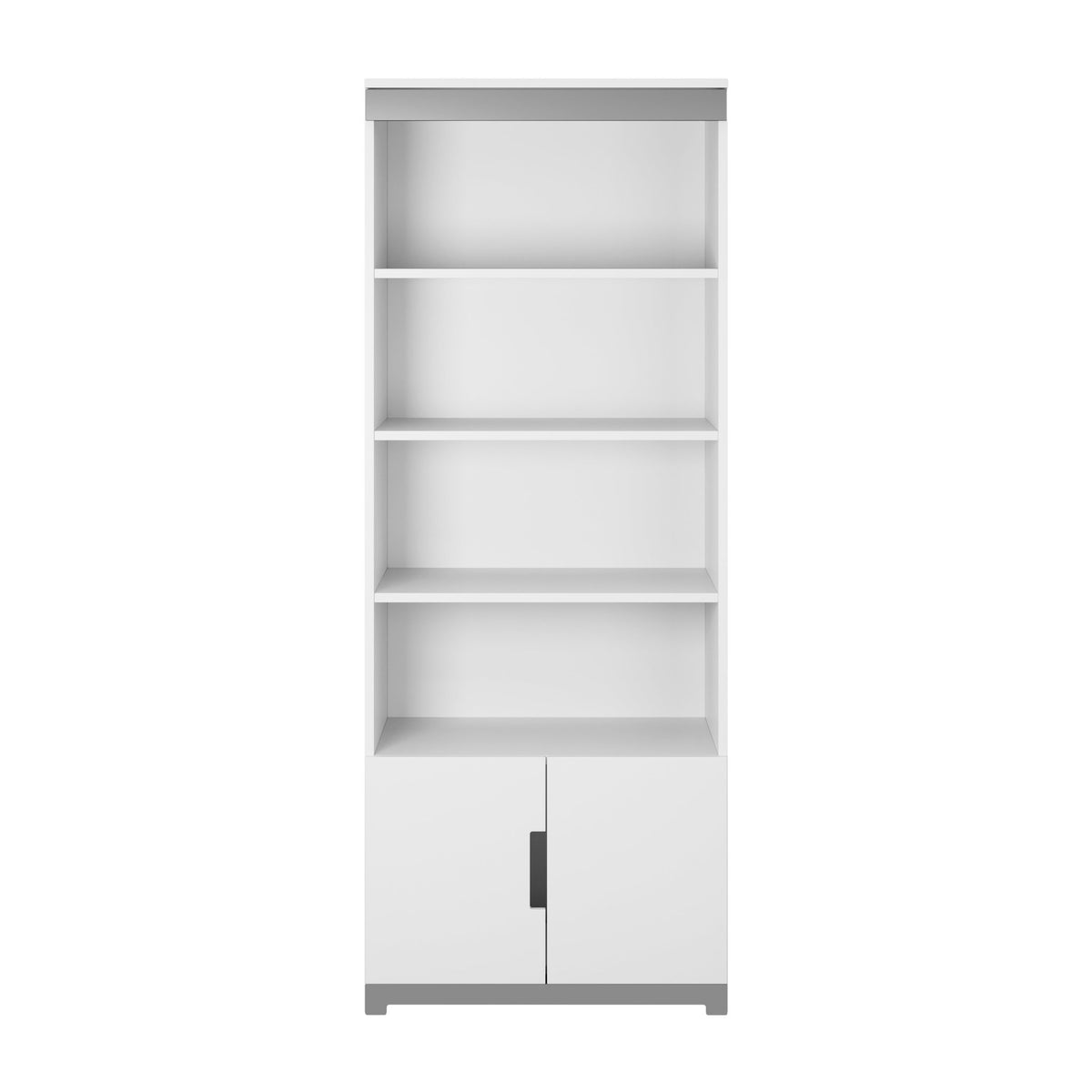 2. Front view of white Tomi bookshelf with grey accents, featuring four open shelves and one closed shelf with doors