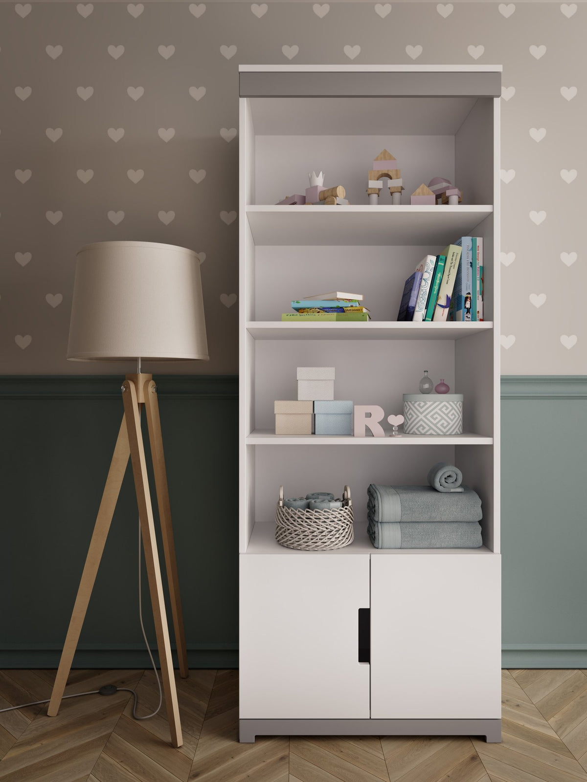 1. White Tomi bookshelf in a children's room with heart-patterned wallpaper, styled with books and toys next to a floor lamp