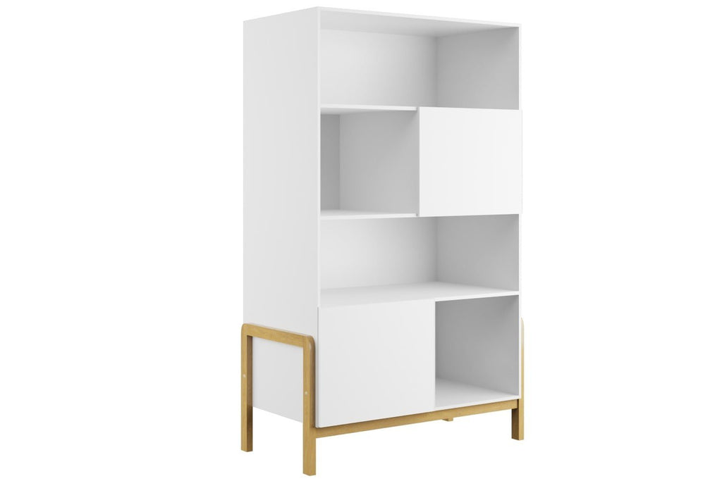 2. Kocot Kids Victor bookshelf in white laminated chipboard with solid oak legs, featuring four open shelves and two closed compartments, shown in studio setting
