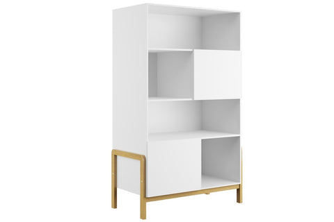 2. Kocot Kids Victor bookshelf in white laminated chipboard with solid oak legs, featuring four open shelves and two closed compartments, shown in studio setting