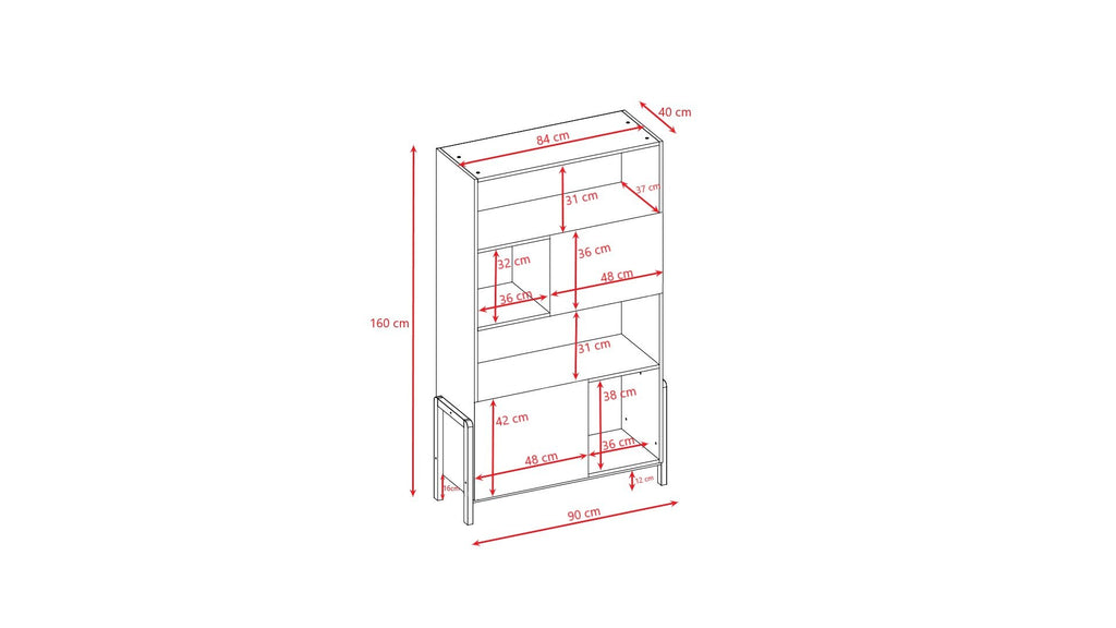 5. Size chart for Kocot Kids Victor bookshelf showing dimensions in centimeters for height, width, and depth