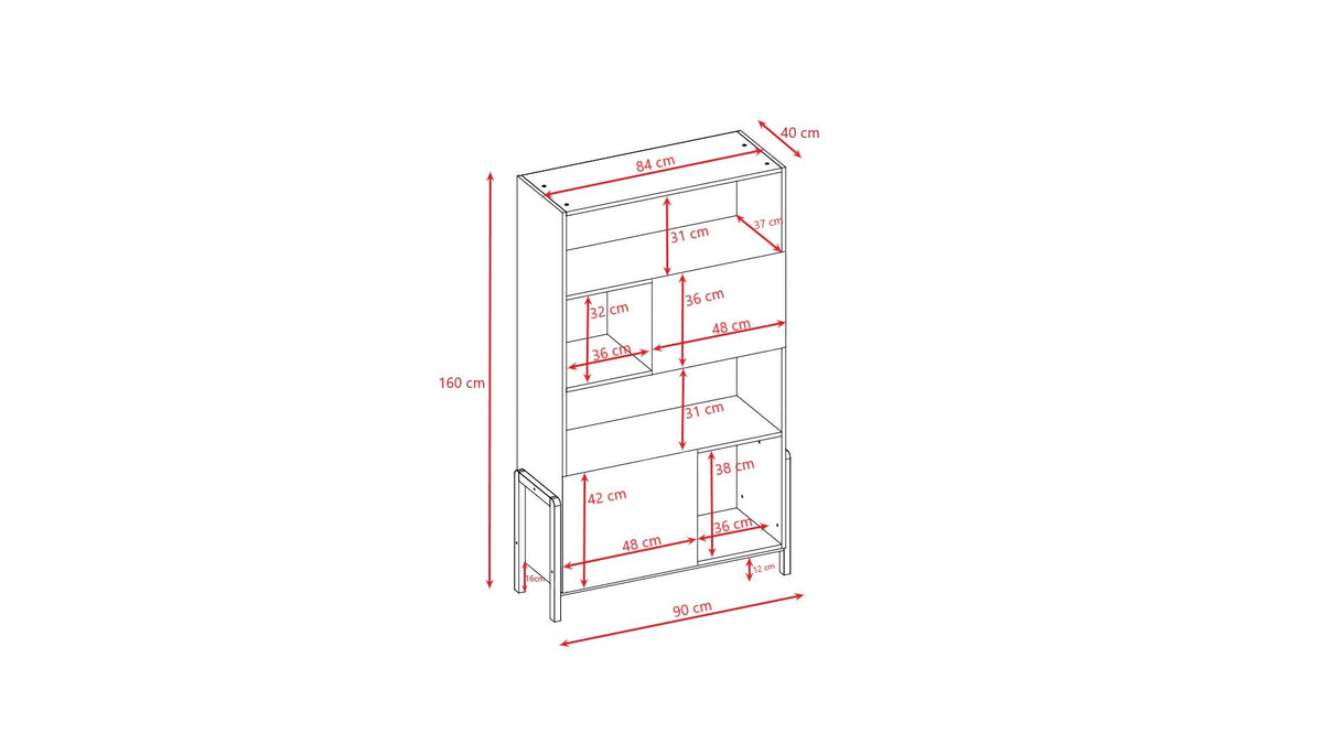 5. Size chart for Kocot Kids Victor bookshelf showing dimensions in centimeters for height, width, and depth
