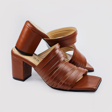 3. Angled view of Daz Studio brown leather sandals showcasing strappy design and block heel
