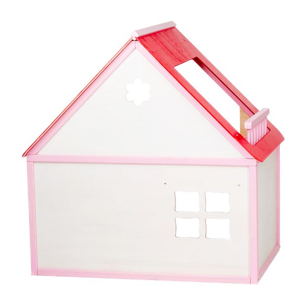1. Side view of ROOSI Traditional Toys pink and white wooden dollhouse with red roof, showing window cutouts and simple design