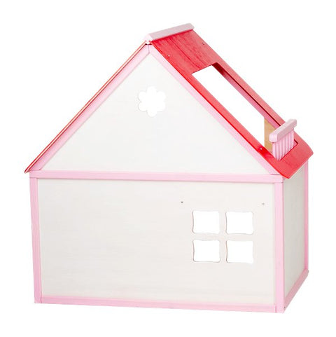 1. Side view of ROOSI Traditional Toys pink and white wooden dollhouse with red roof, showing window cutouts and simple design
