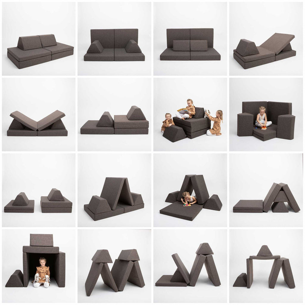 1. Various configurations of Monboxy dark brown activity play mattress set in a grid layout