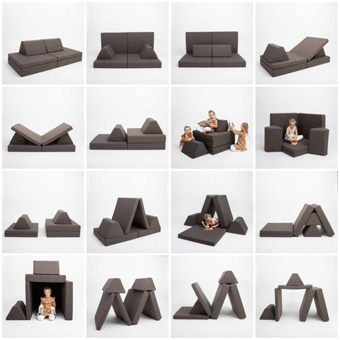 1. Various configurations of Monboxy dark brown activity play mattress set in a grid layout