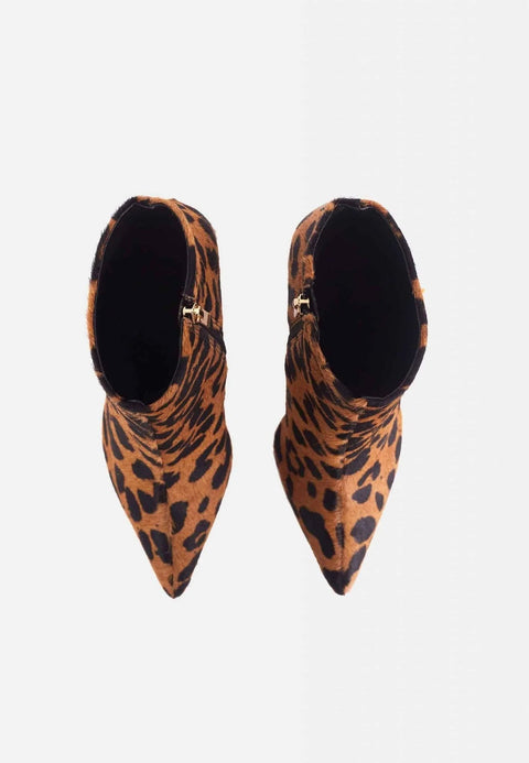 3. Top view of brown animal print ankle boots with pointed toe and side zipper detail