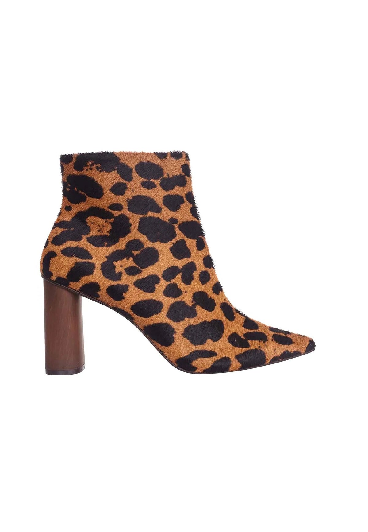 4. Side profile of brown animal print ankle boot with 8.4 cm block heel on white background