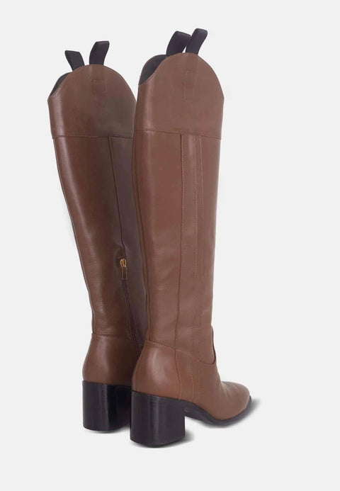 3. Brown knee-high leather boots with block heel shown from back, highlighting zip fastening and sleek design