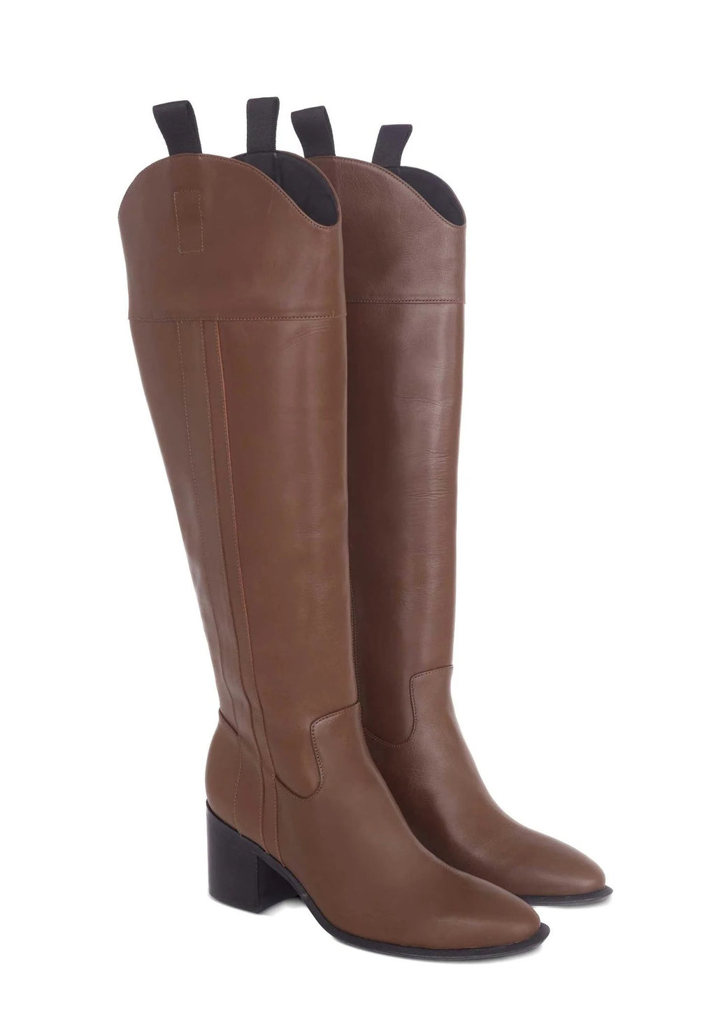 4. Pair of brown knee-high leather boots with block heel, featuring pointed toe and pull tabs, on white background