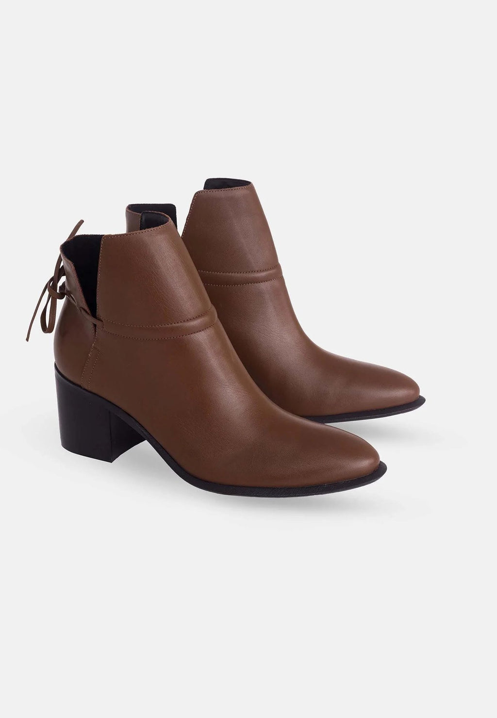 2. Pair of women's brown leather ankle boots with block heels on white background