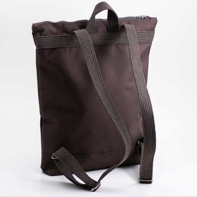 9. Back view of MUNI brown backpack showing adjustable shoulder straps