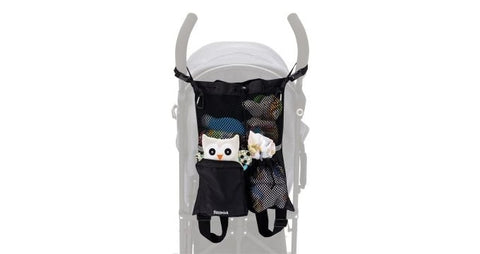 1. Fillikid black mesh diaper bag attached to stroller, showing owl toy and flowers inside, highlighting storage capacity and easy access