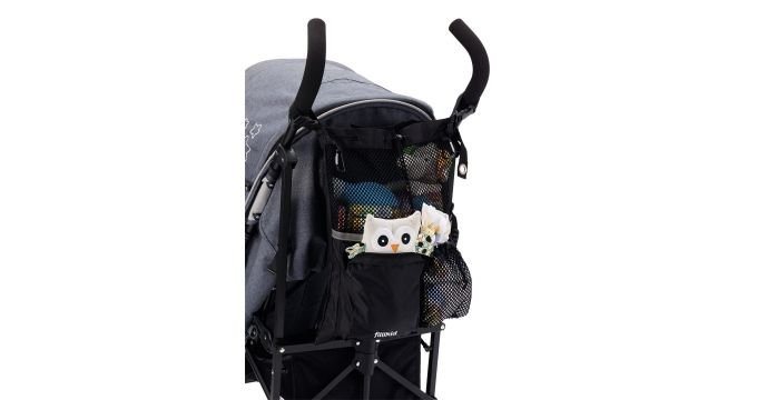 2. Fillikid black mesh diaper bag on stroller, side view with owl toy and flowers, demonstrating versatility and attachment method