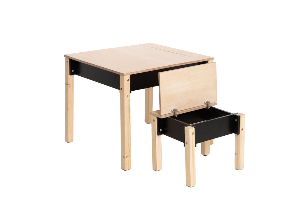 6. Black and natural wood children's table and chair set with open storage on white background