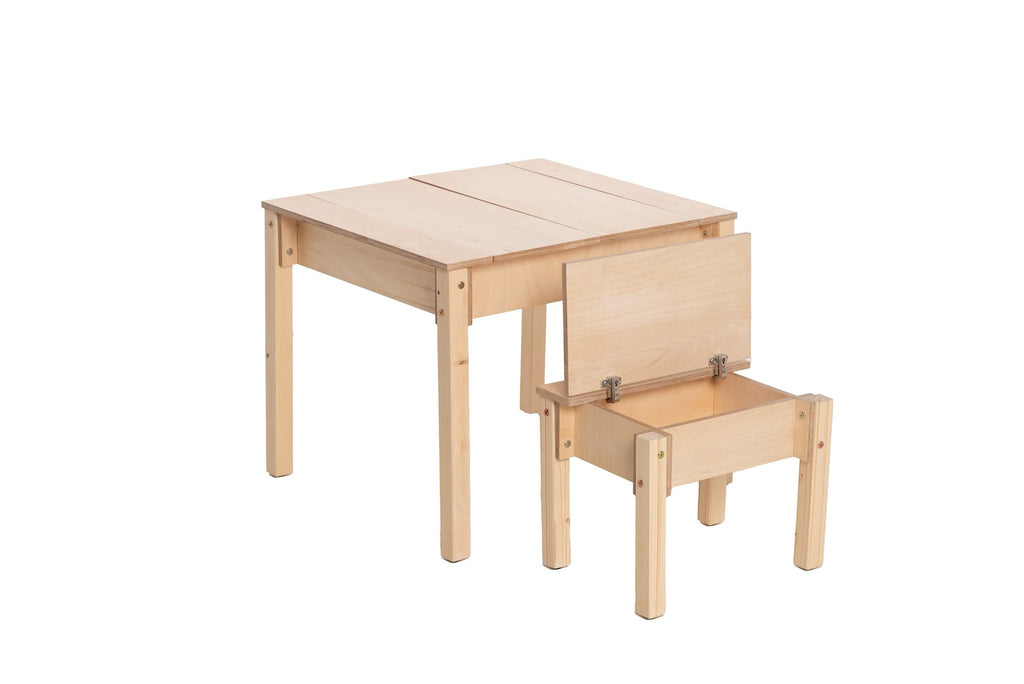 2. Studio shot of children's smart storage table and chair set in light wood and white, closed storage compartments