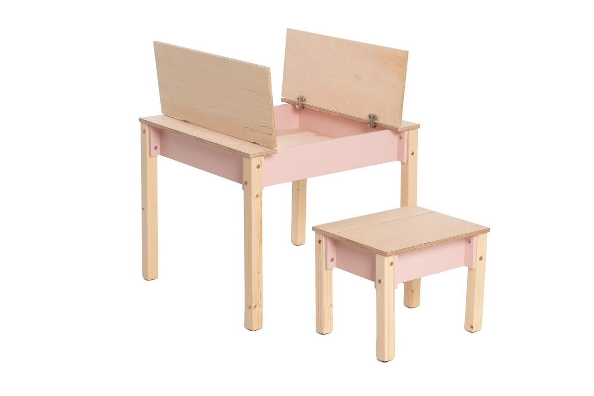 2. Studio shot of children's smart storage table and chair set in light wood, showing open storage compartments