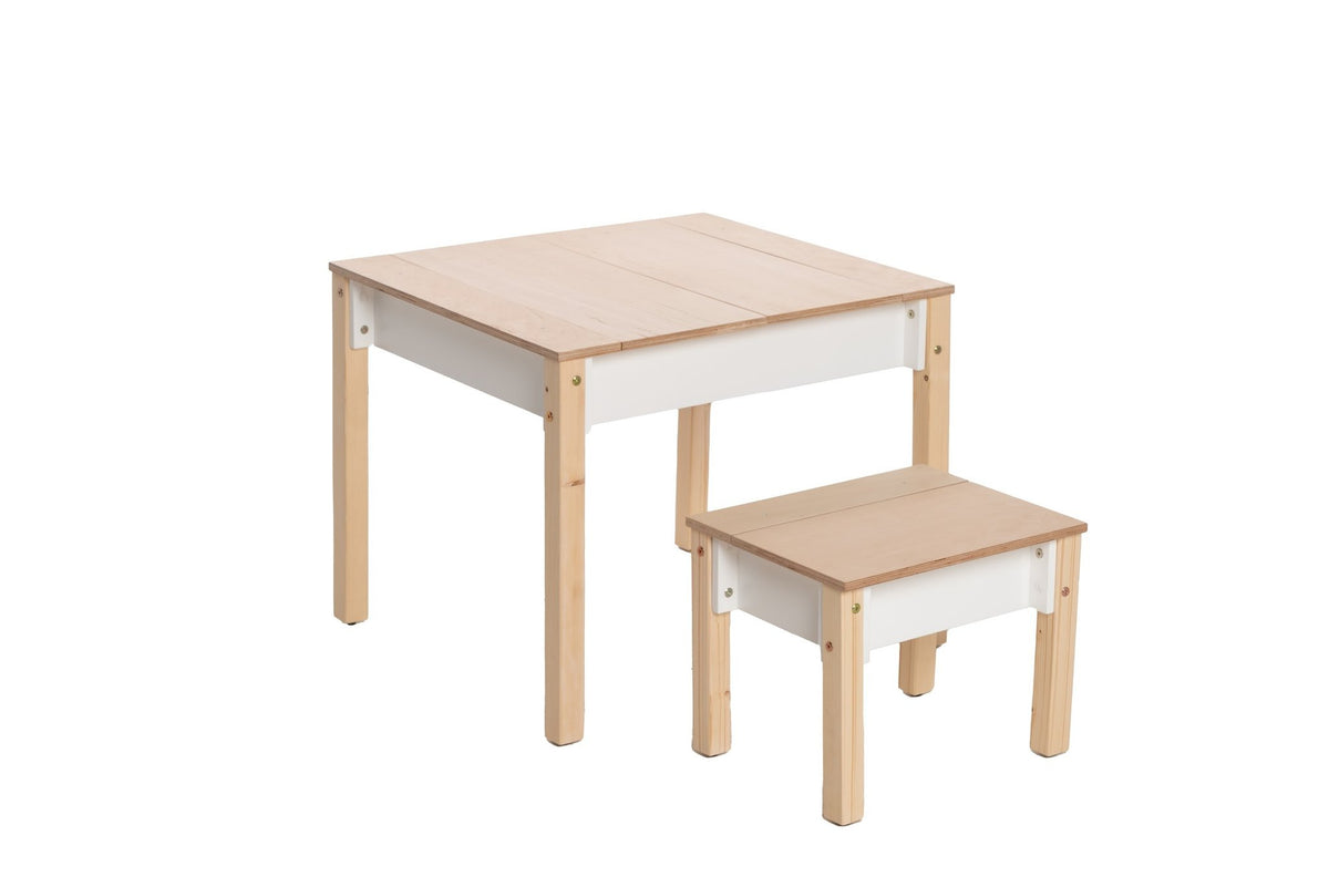 9. White and natural wood children's table and chair set on white background