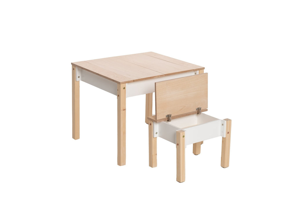8. White and natural wood children's table and chair set with open storage on white background