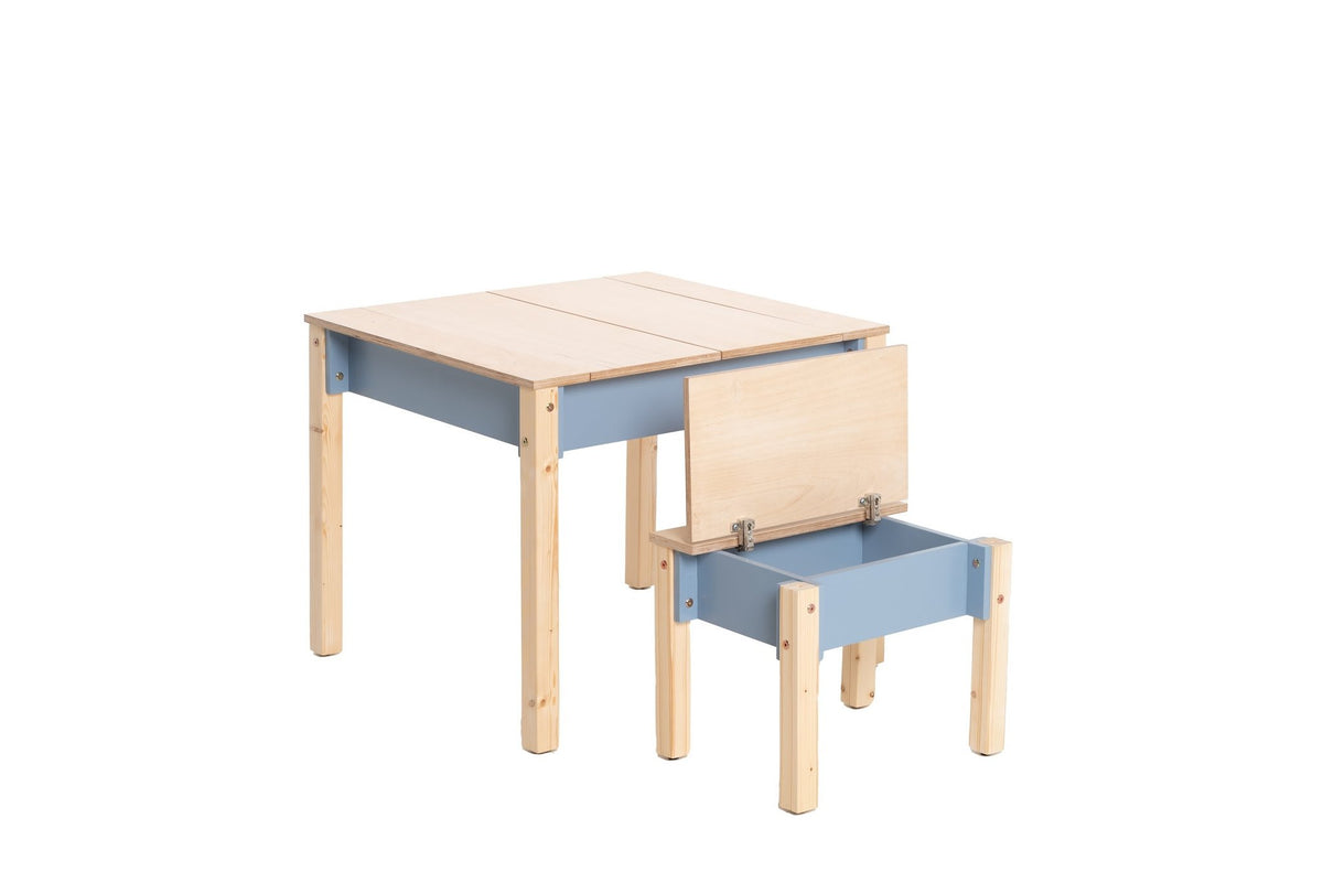 2. Blue and natural wood children's table and chair set with open storage on white background
