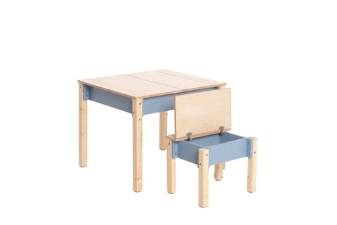 2. Blue and natural wood children's table and chair set with open storage on white background