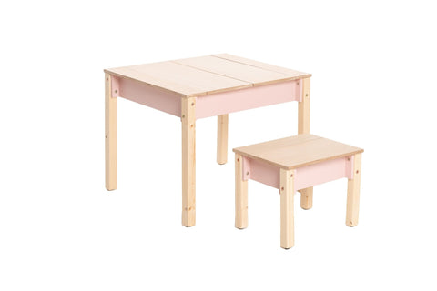 1. Pink and natural wood children's table and chair set on white background